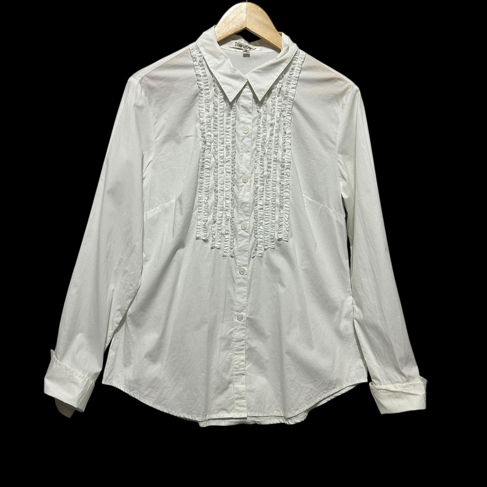 TravelSmith Women Button Blouse M White Ruffle Front Preppy Minimalist Y2k Retro